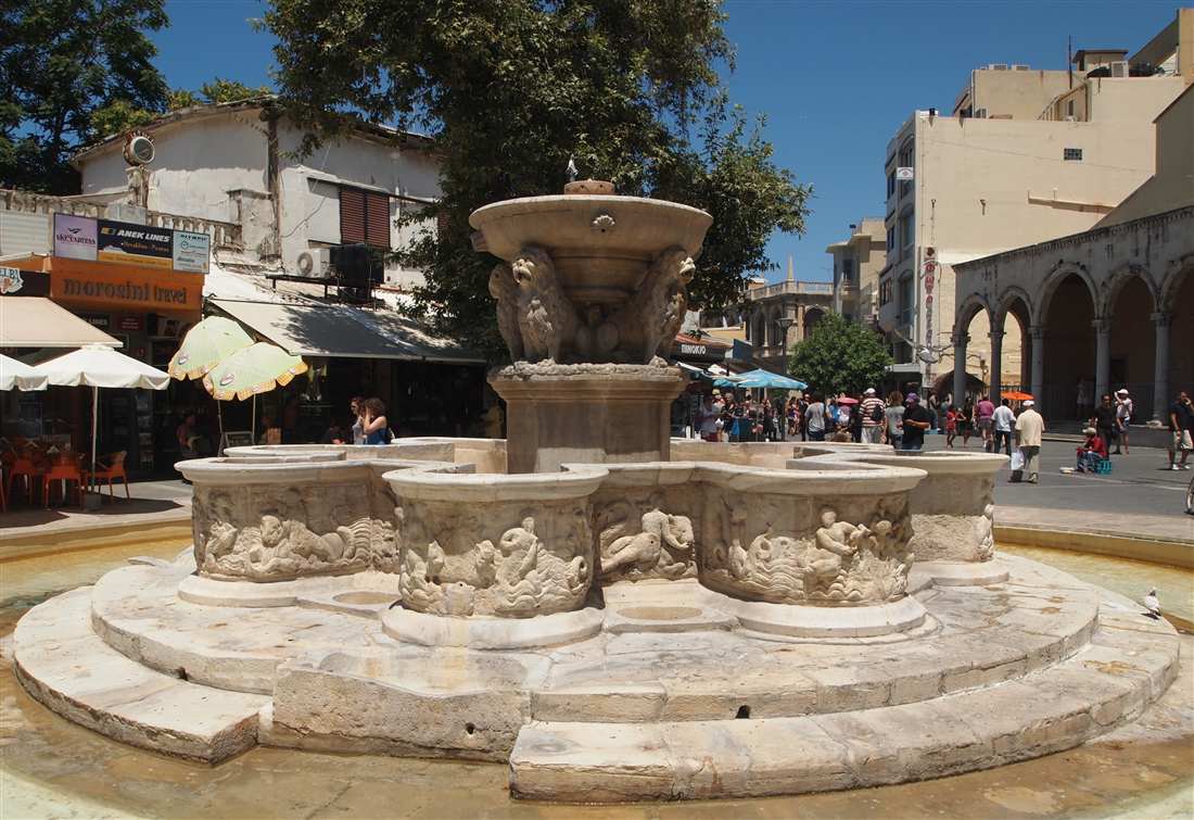 The Morosini fountain with its stone lions in Lions Square, Heraklion, a stop on a Heraklion shore excursion through the old town.