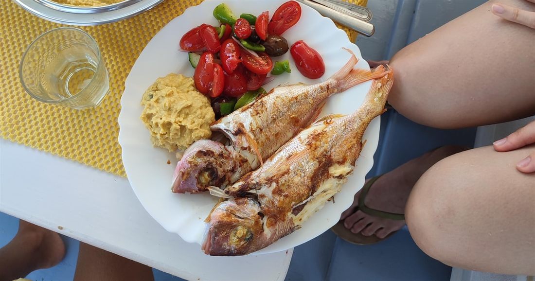 A plate of two fried red fish with tomatoes, peppers, olives and a yellow dip, served on a Hydra fishing trip.