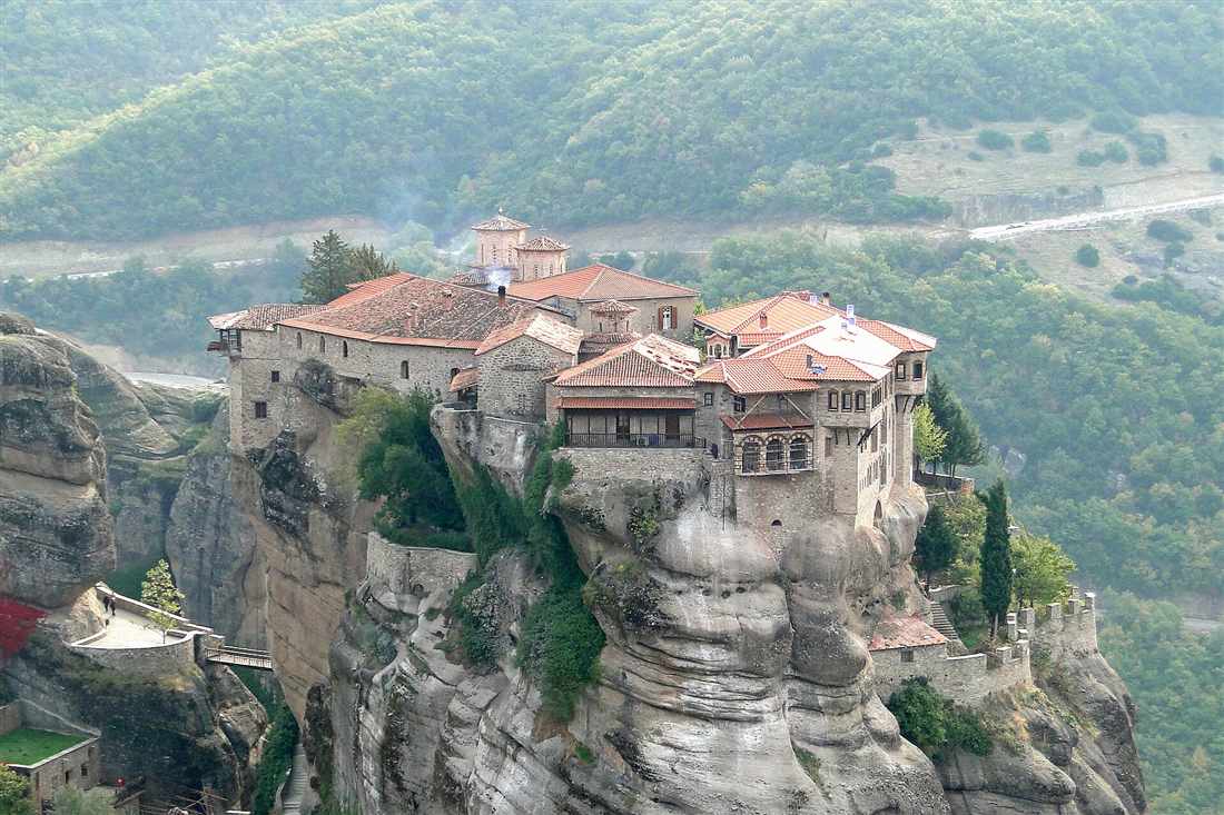 The Varlaam monastery on its rock pillar above the valley of Meteora, the monastery visited on a Kalambaka private tour.