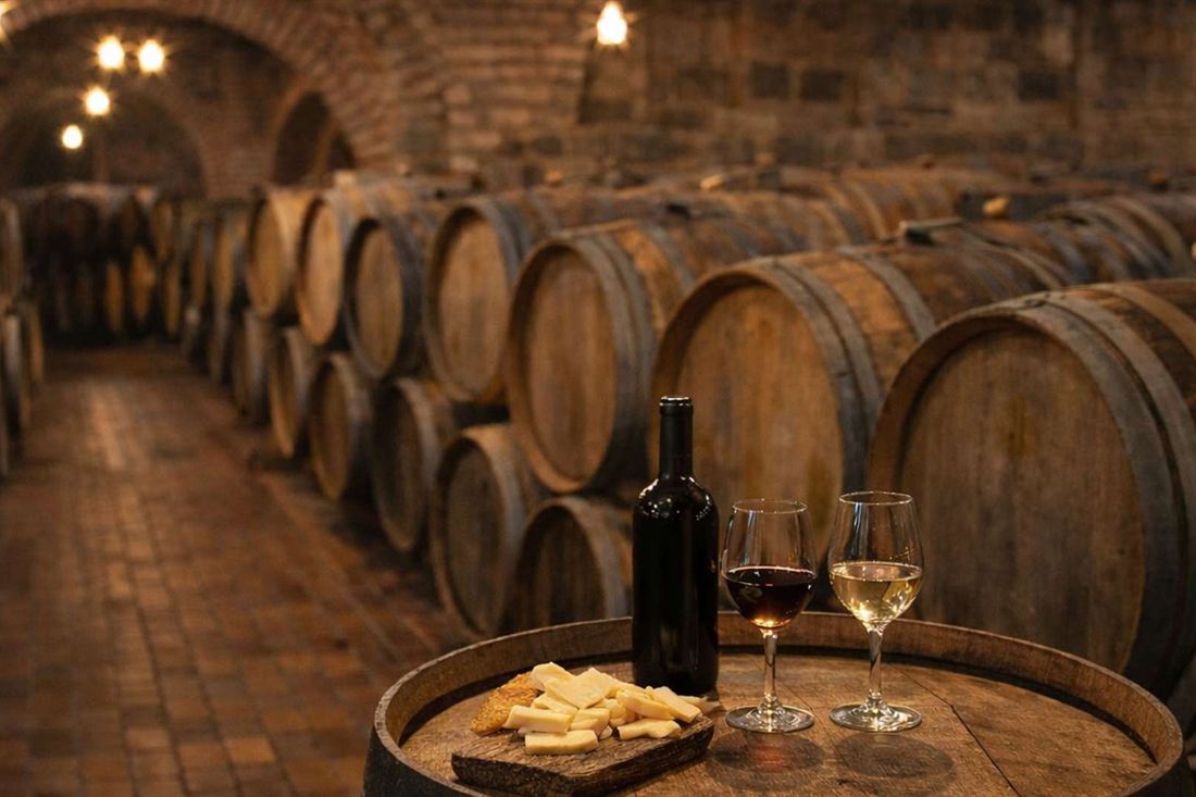 A bottle of red wine, a glass of red wine and a glass of white wine beside a cheese board on an oak barrel top, in a brick-vaulted cellar lined with rows of oak barrels