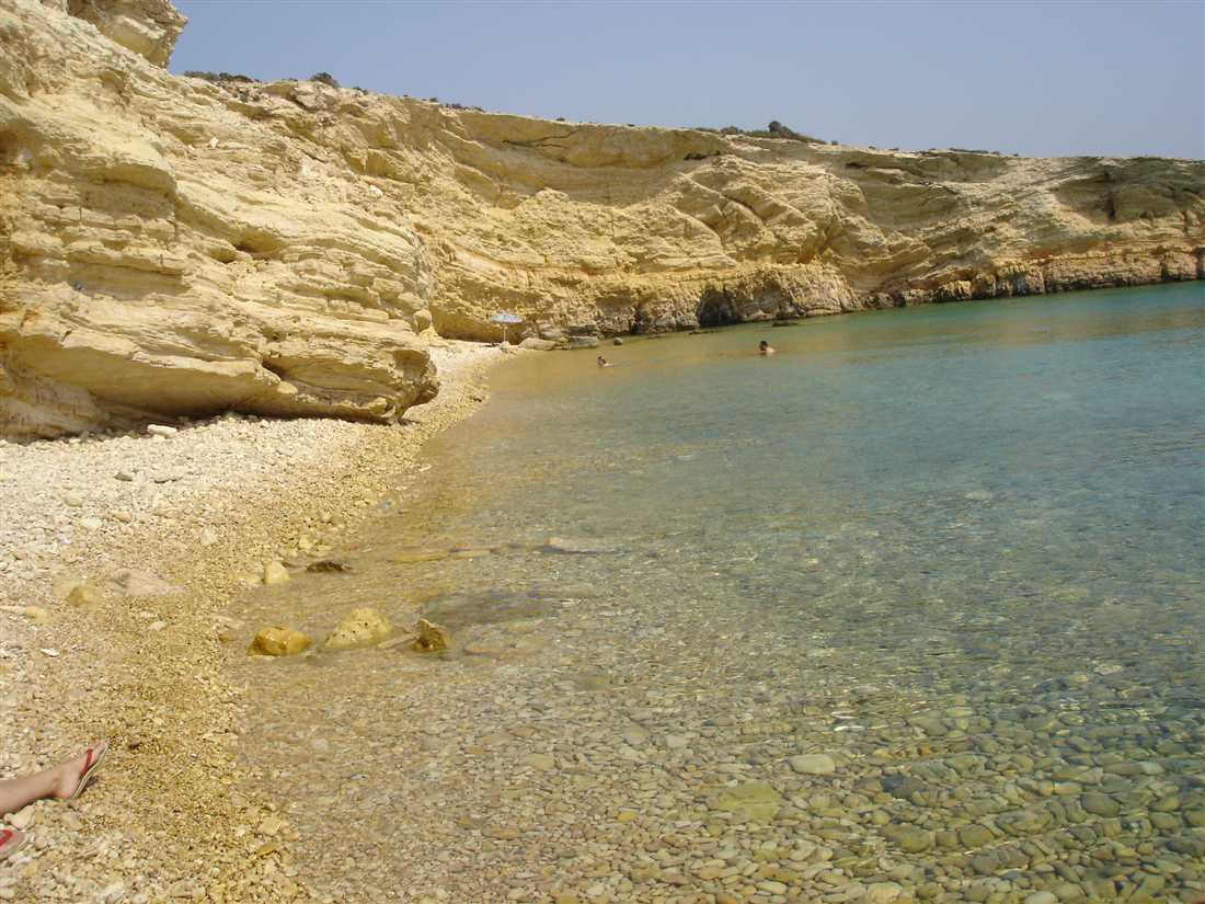 A sheltered turquoise cove with pale sandstone cliffs on Kato Koufonisi, a swim stop on a Koufonisia boat trip.