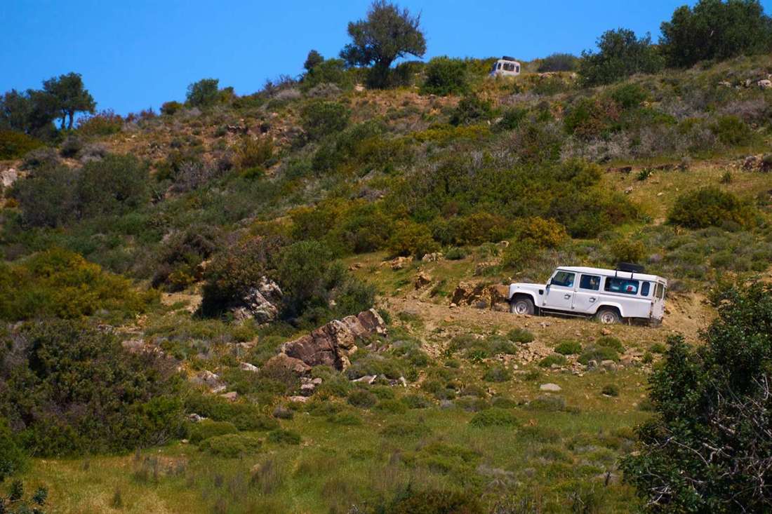 A white Land Rover Defender jeep on a dirt track across a green hillside with shrubs and rocks under a blue sky