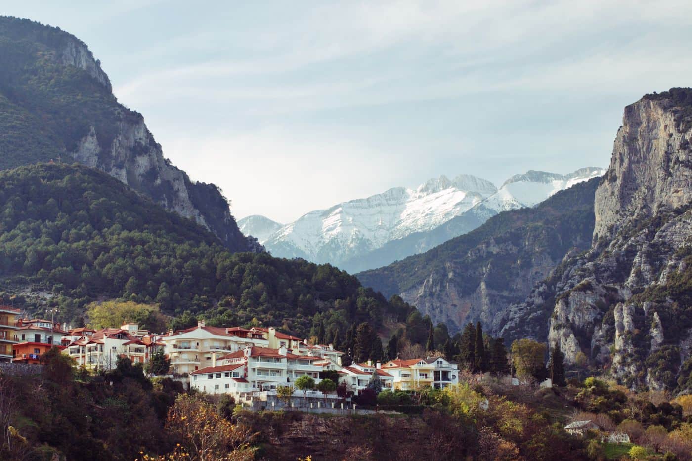 Litochoro tours start in the town at the foot of Mount Olympus, with the snow-covered peaks above the Enipeas gorge