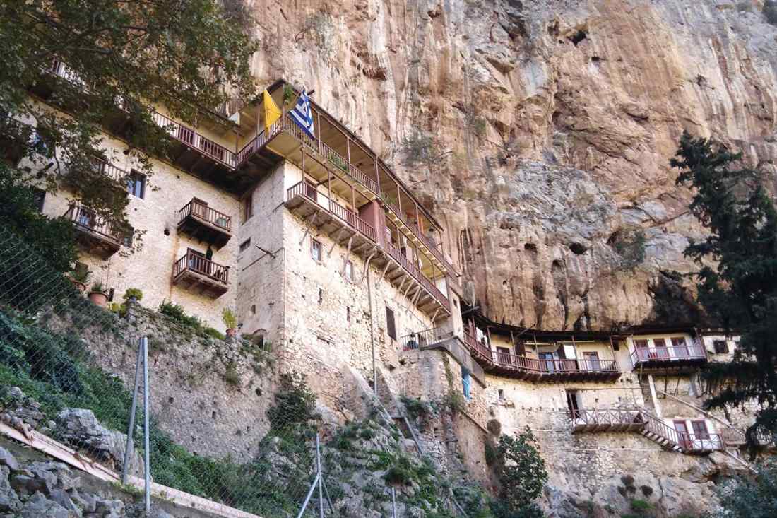 The Prodromou monastery built into a vertical cliff above the Lousios gorge