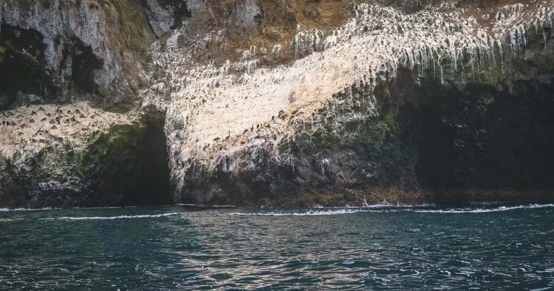 A sea cave opening in a pale limestone cliff above calm green water on the Mani coast.