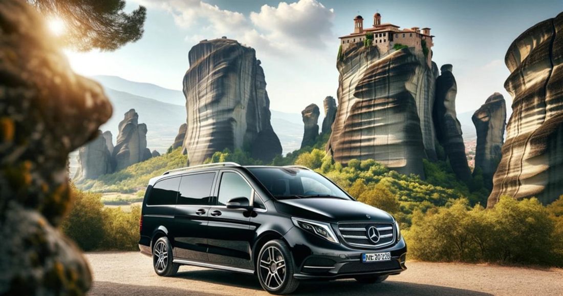 A black private minivan parked on a road below tall rock pillars, one topped by a monastery, at Meteora.