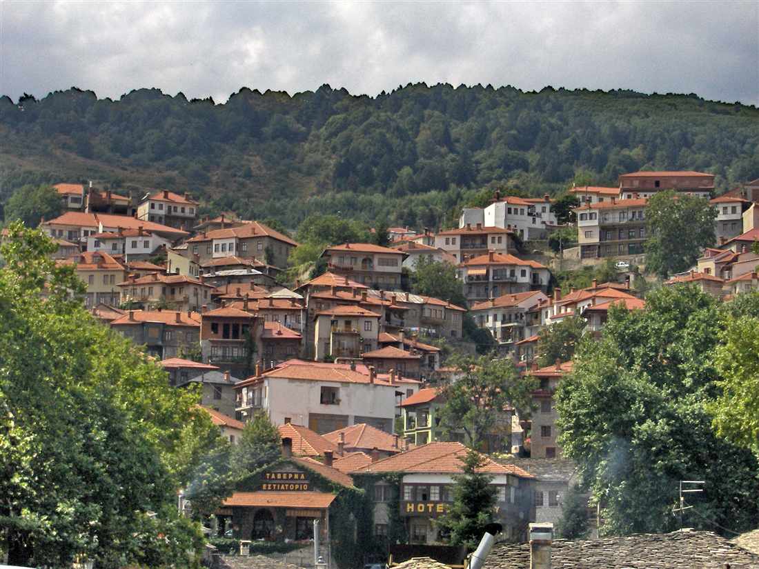 The stone houses and red roofs of Metsovo on the wooded slope of the Pindus, a stop on a Meteora day trip from Ioannina.
