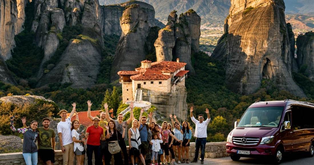 A tour group cheers beside a maroon minibus below a red-roofed monastery on a rock pillar at Meteora.