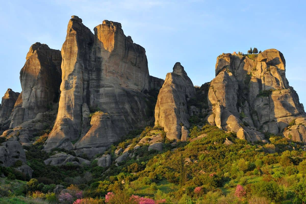 The Meteora rocks above Kalambaka, where Meteora transfers pick up