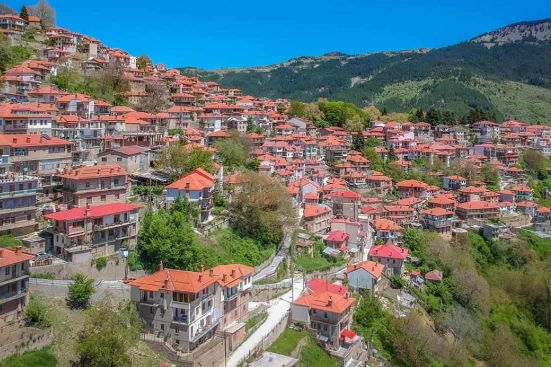The red-roofed stone houses of Metsovo spread across a green mountainside in the Pindus