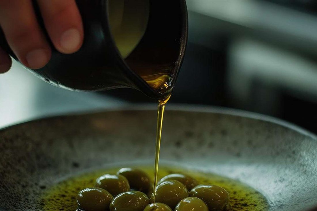 Golden olive oil poured from a jug over green olives in a stone bowl