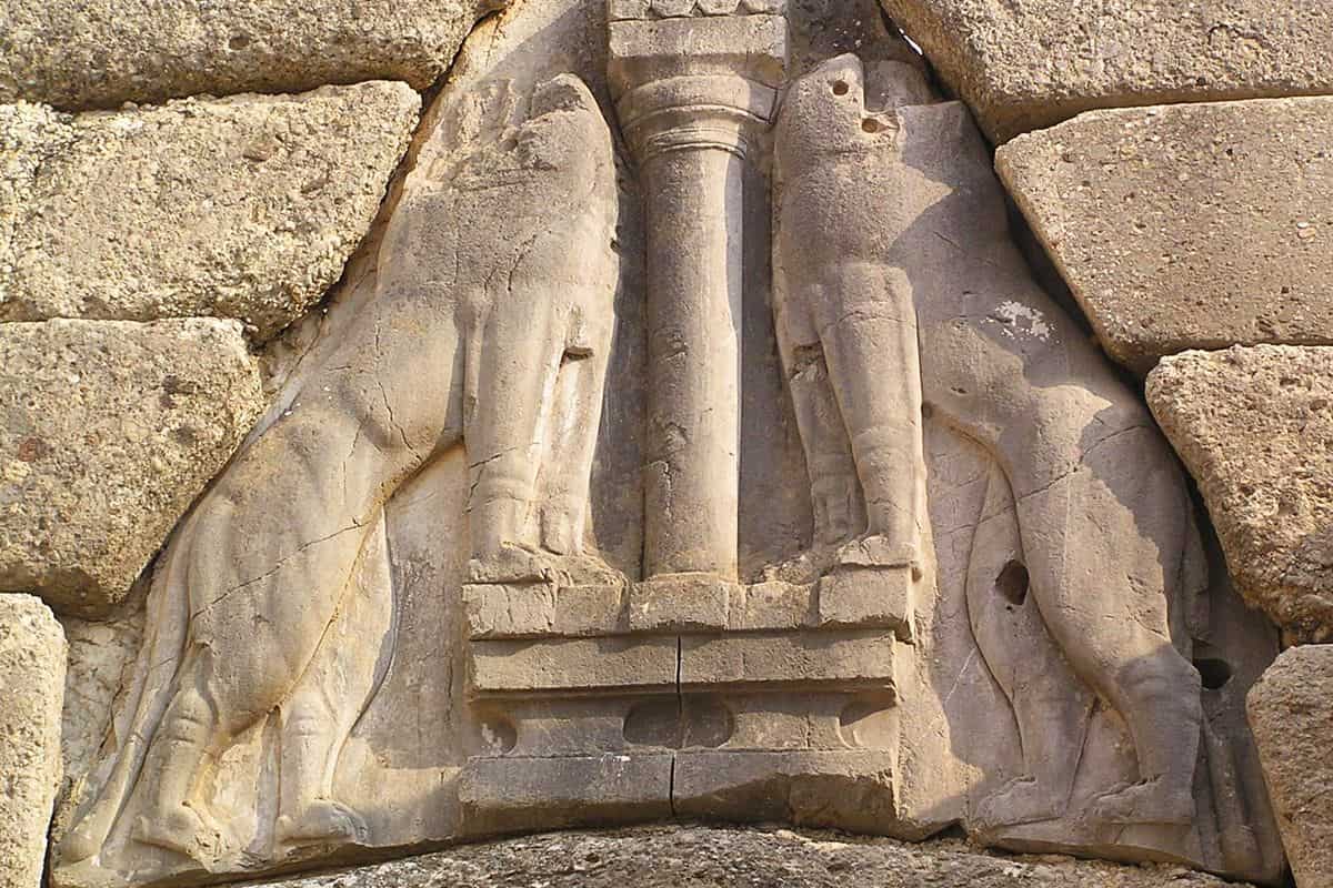 The lion relief above the Lion Gate of Mycenae, the entrance that Mycenae tickets open