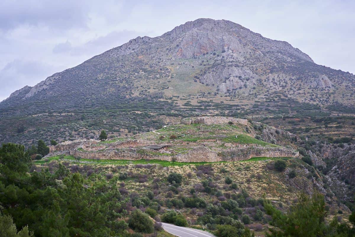 The citadel of Mycenae below its mountain, the site that Mycenae tickets open