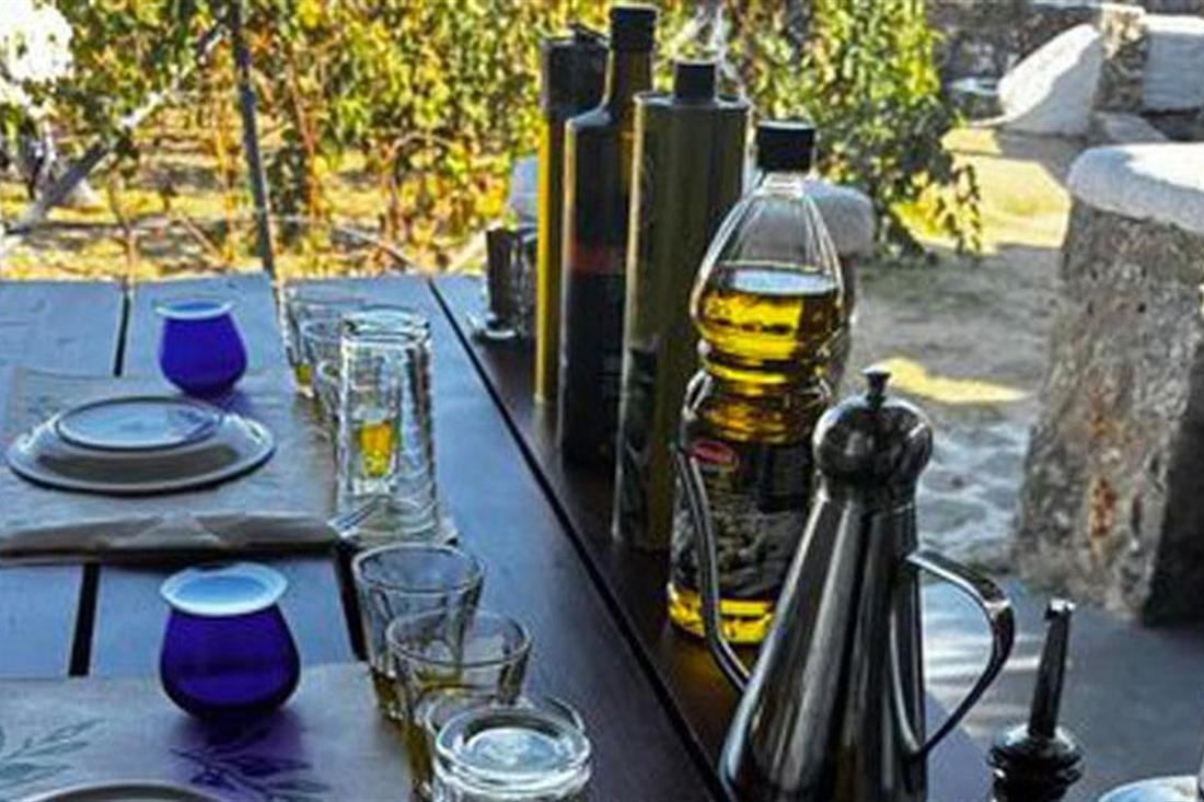 Blue tasting glasses and bottles of Greek olive oil laid out on an outdoor table at a farm, for a Mykonos olive oil tasting.