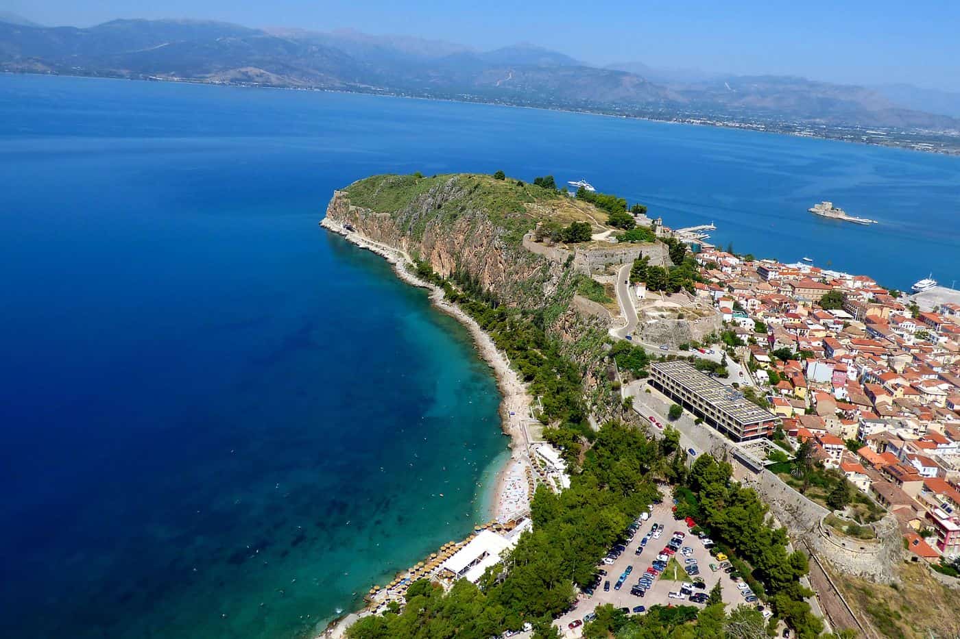 Nafplio transfers end in the town below Acronafplia, with the Bourtzi in the bay