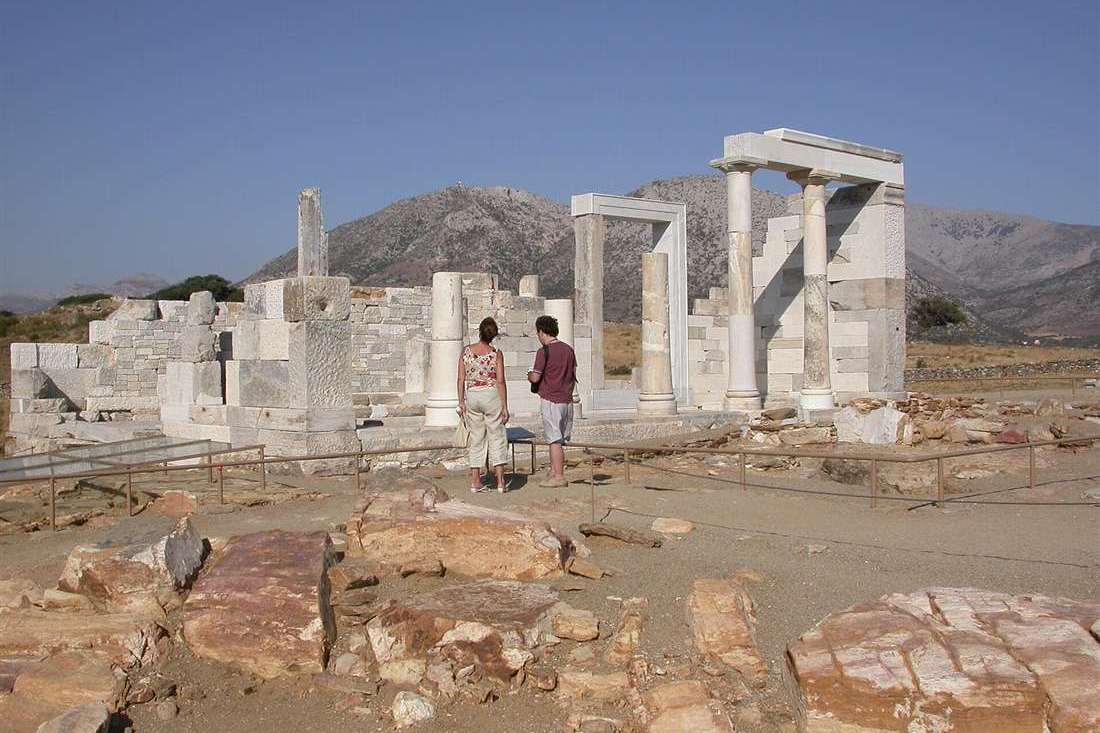 The marble columns and lintels of the Temple of Demeter at Sangri below the mountains of central Naxos, a stop on a Naxos bus tour.