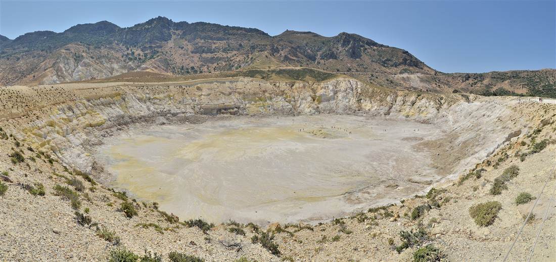 The pale floor and steep walls of the Stefanos crater on Nisyros, the volcano visited on a Nisyros boat trip.