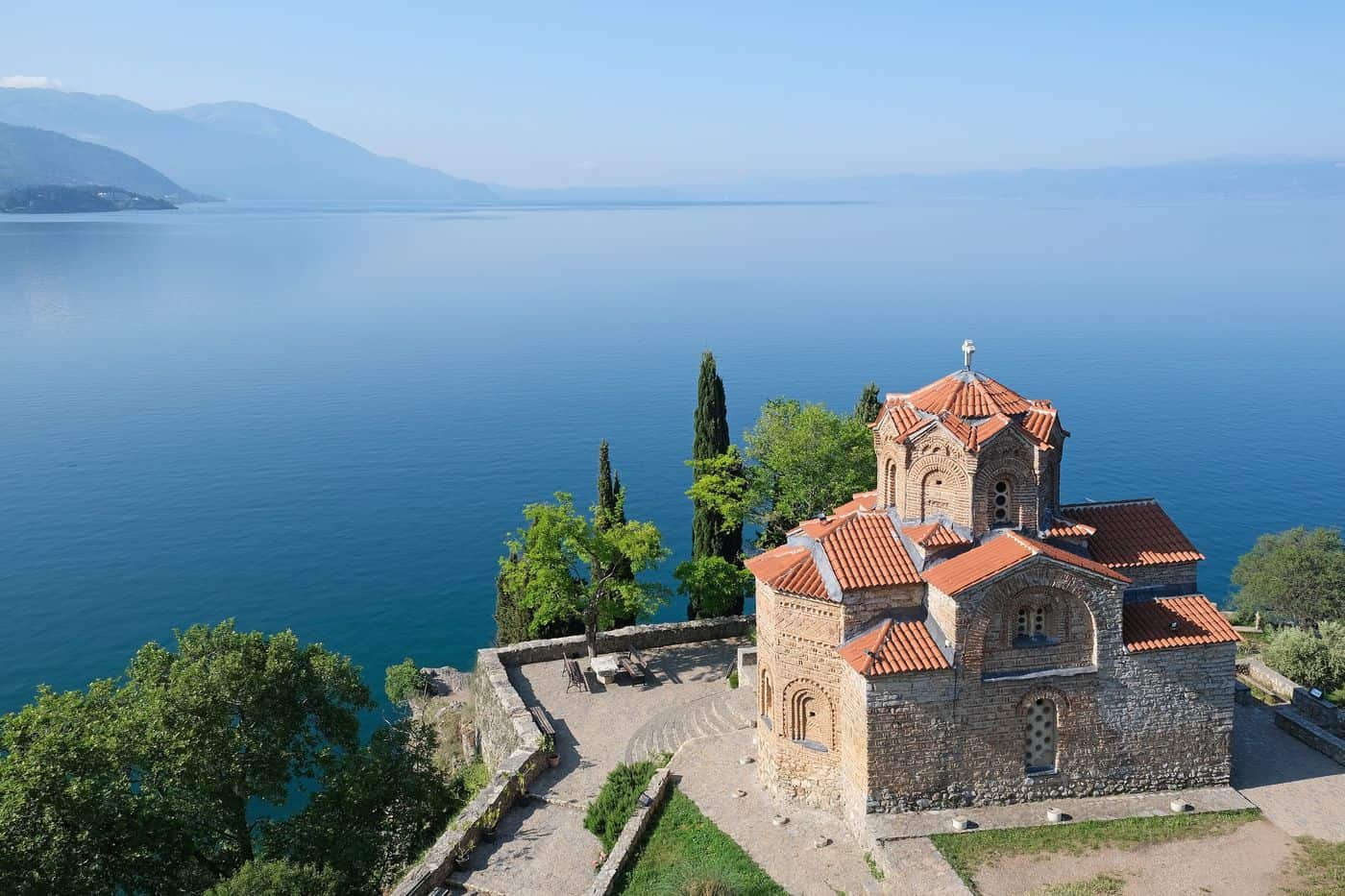 Ohrid tours reach the Church of St. John at Kaneo on the cliff above Lake Ohrid