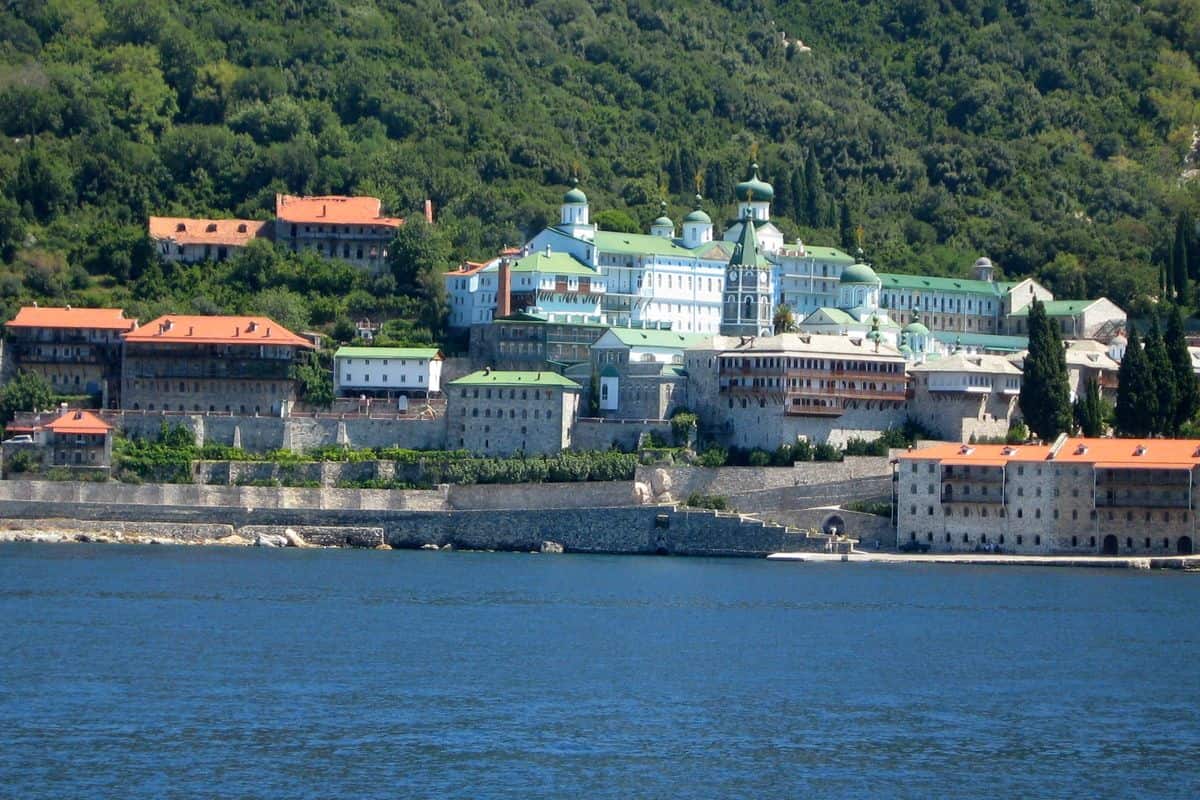 Ouranoupoli tours cruise past the Russian monastery of St Panteleimon on the south-western shore of Mount Athos