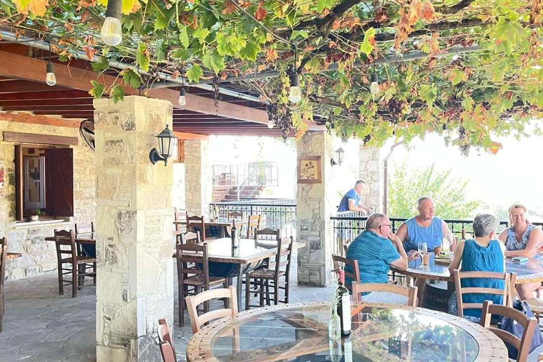 Guests seated at round glass-topped tables on a stone winery terrace under a grapevine pergola with hanging grape bunches and string lights, wine glasses and a wine bottle on the tables