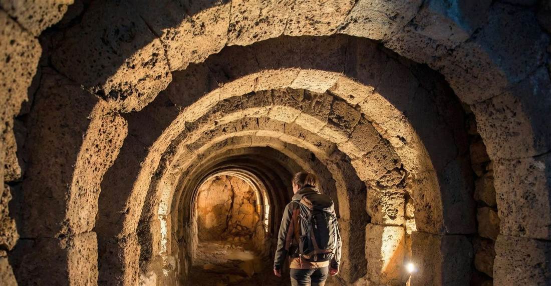 A stone-vaulted underground passage with a visitor at the Necromanteion near the Acheron