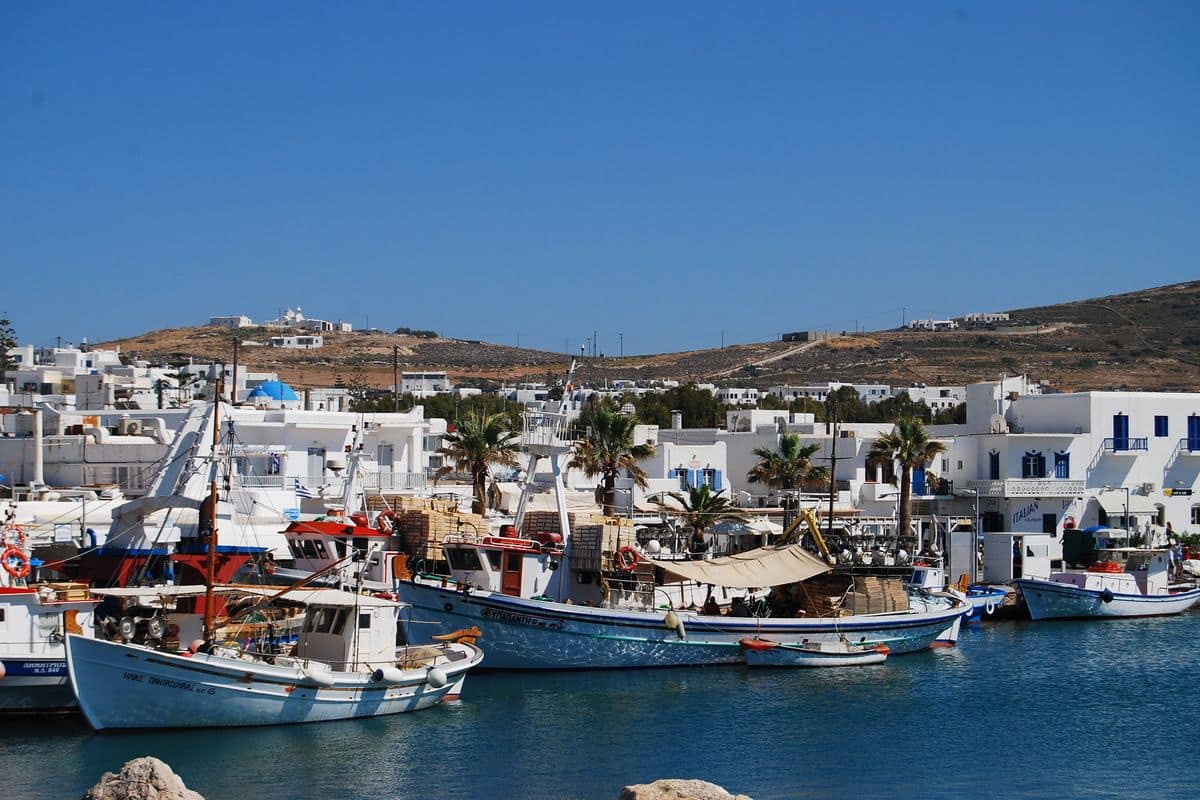 Fishing boats in the harbour of Naoussa, a main drop-off for Paros port transfers