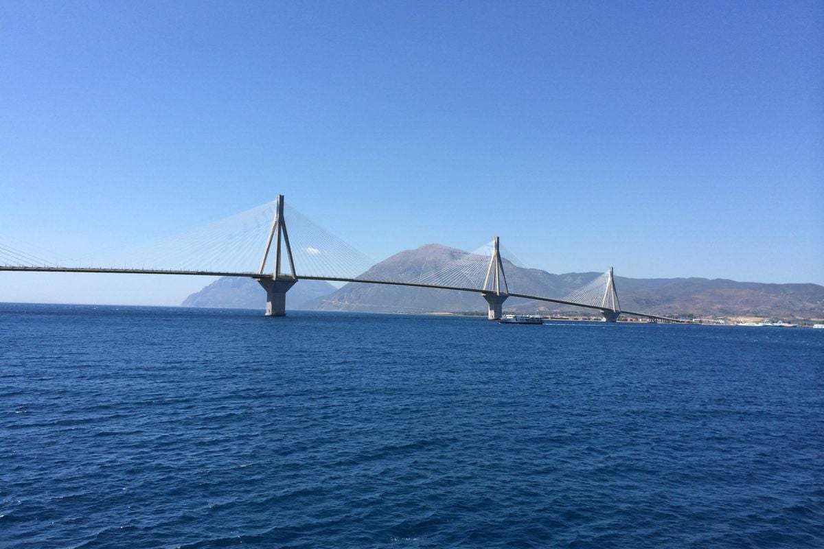 The Rio-Antirrio bridge, crossed by Patras port transfers heading north