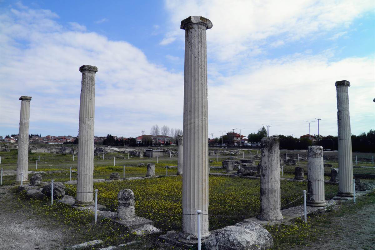 Restored columns of the House of Dionysos stand under a blue sky at the archaeological site that Pella tickets cover