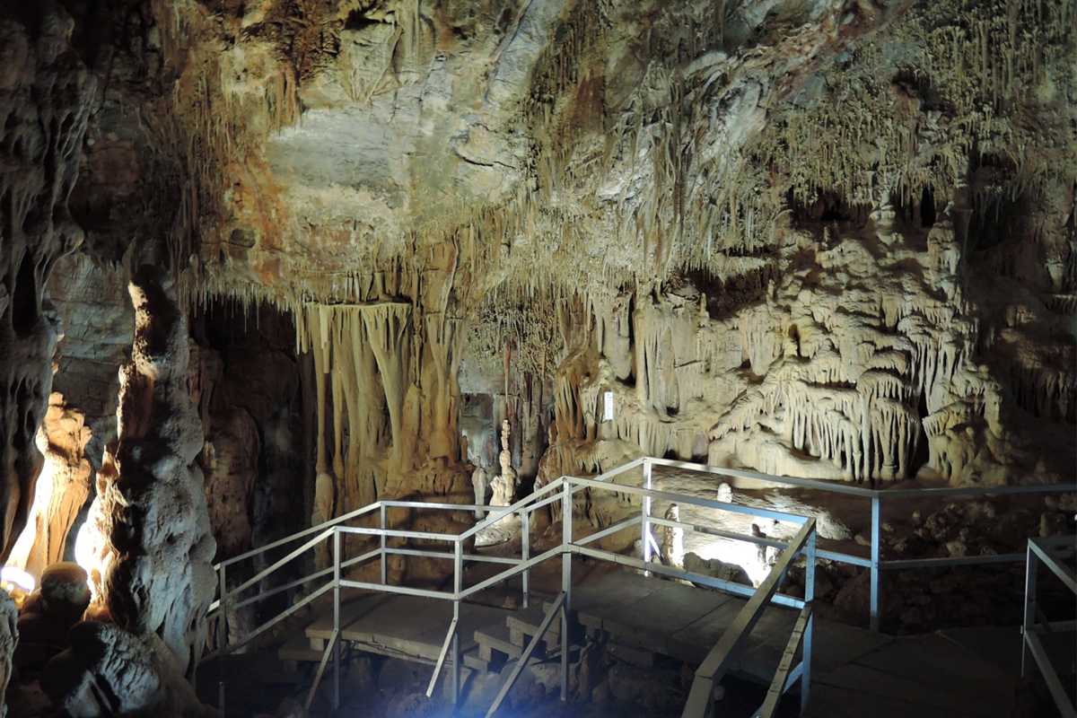 Floodlit stalactites hang over the railed visitor path inside the chamber that Petralona Cave tickets open on Mount Katsika in Chalkidiki.