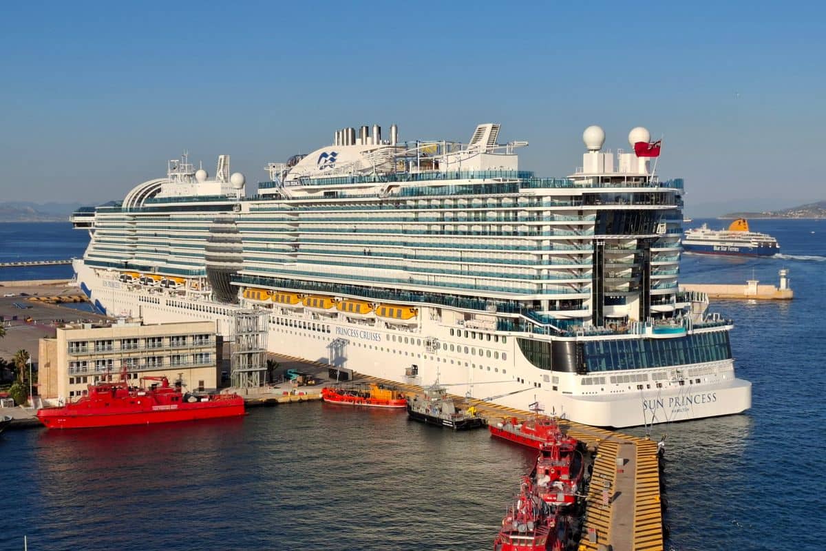 A cruise ship at Piraeus, where Piraeus port transfers collect cruise passengers