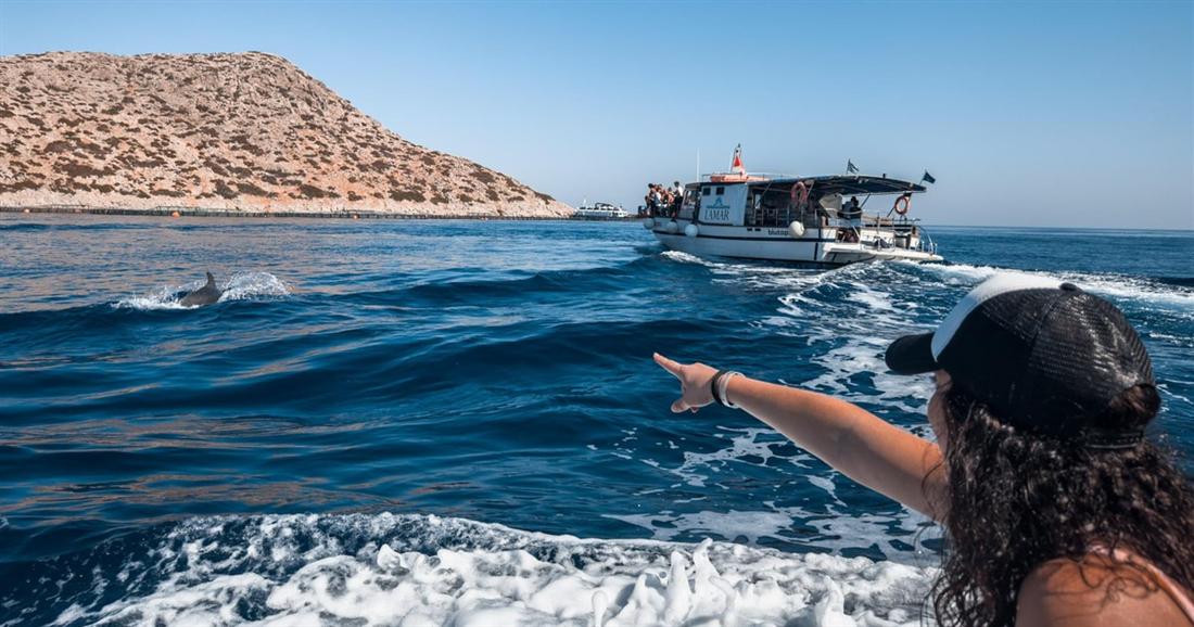 A passenger on a boat points at dolphins in the open sea beside a rocky islet, with a second tour boat ahead, on Rhodes dolphin watching.