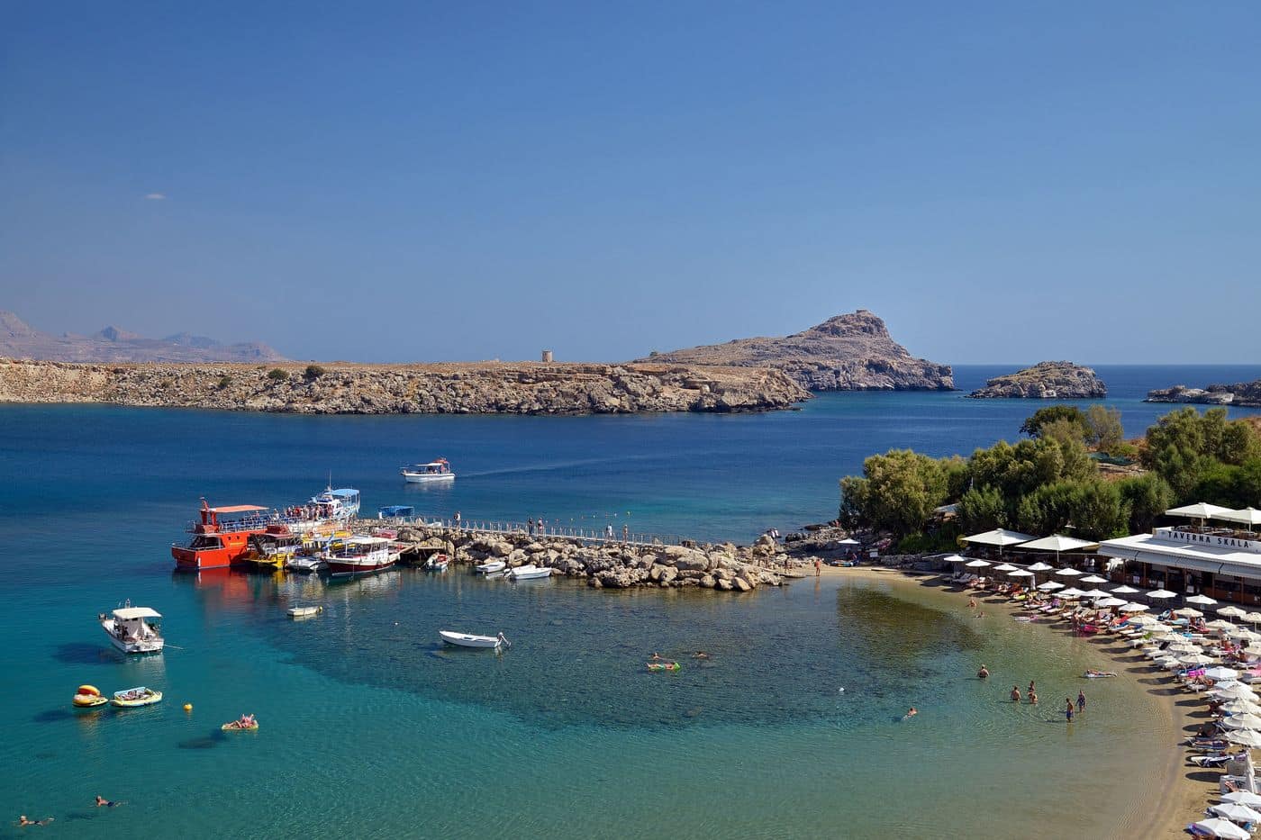 Rhodes submarine cruise boats at the pier in the bay of Lindos