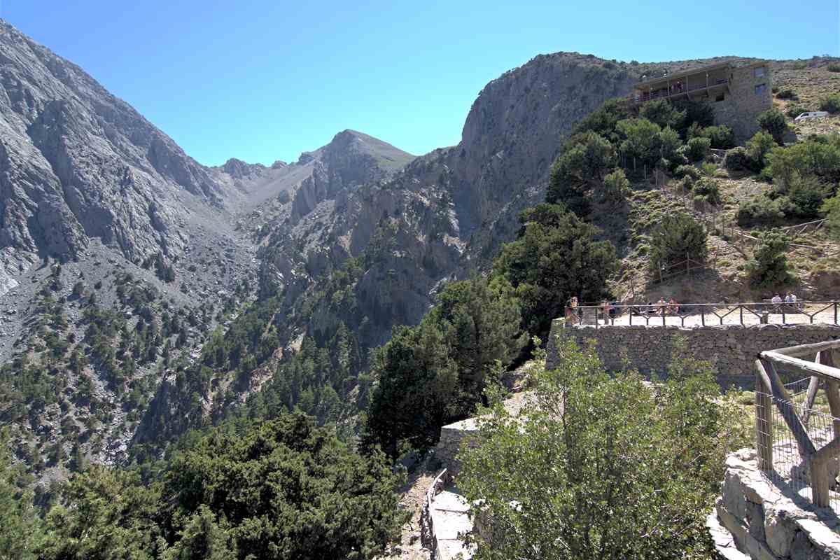 The Samaria gorge seen from the Xyloskalo trailhead in the White Mountains, the start of a Samaria gorge day trip from Rethymno