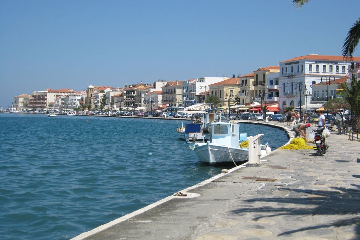 The harbour front of Vathy, the main ferry port for Samos port transfers