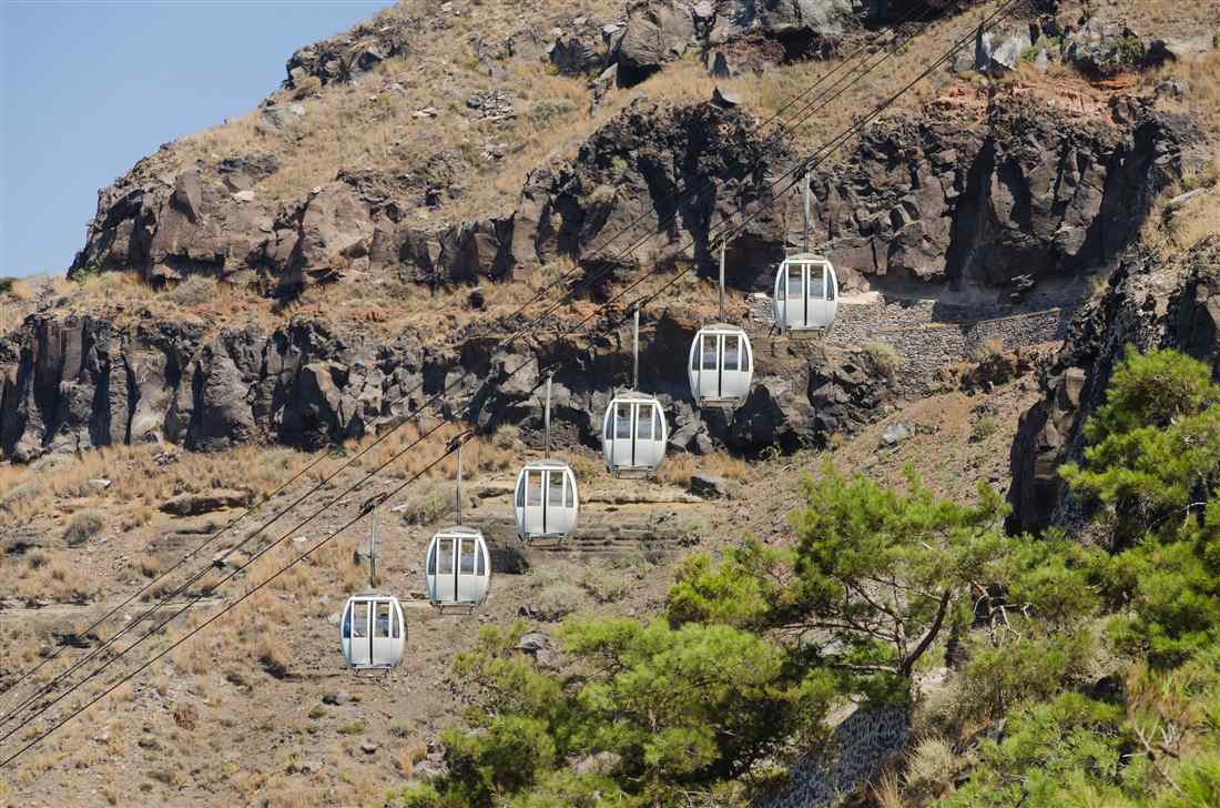 White cable car cabins climbing the volcanic caldera cliff between the old port and Fira on Santorini