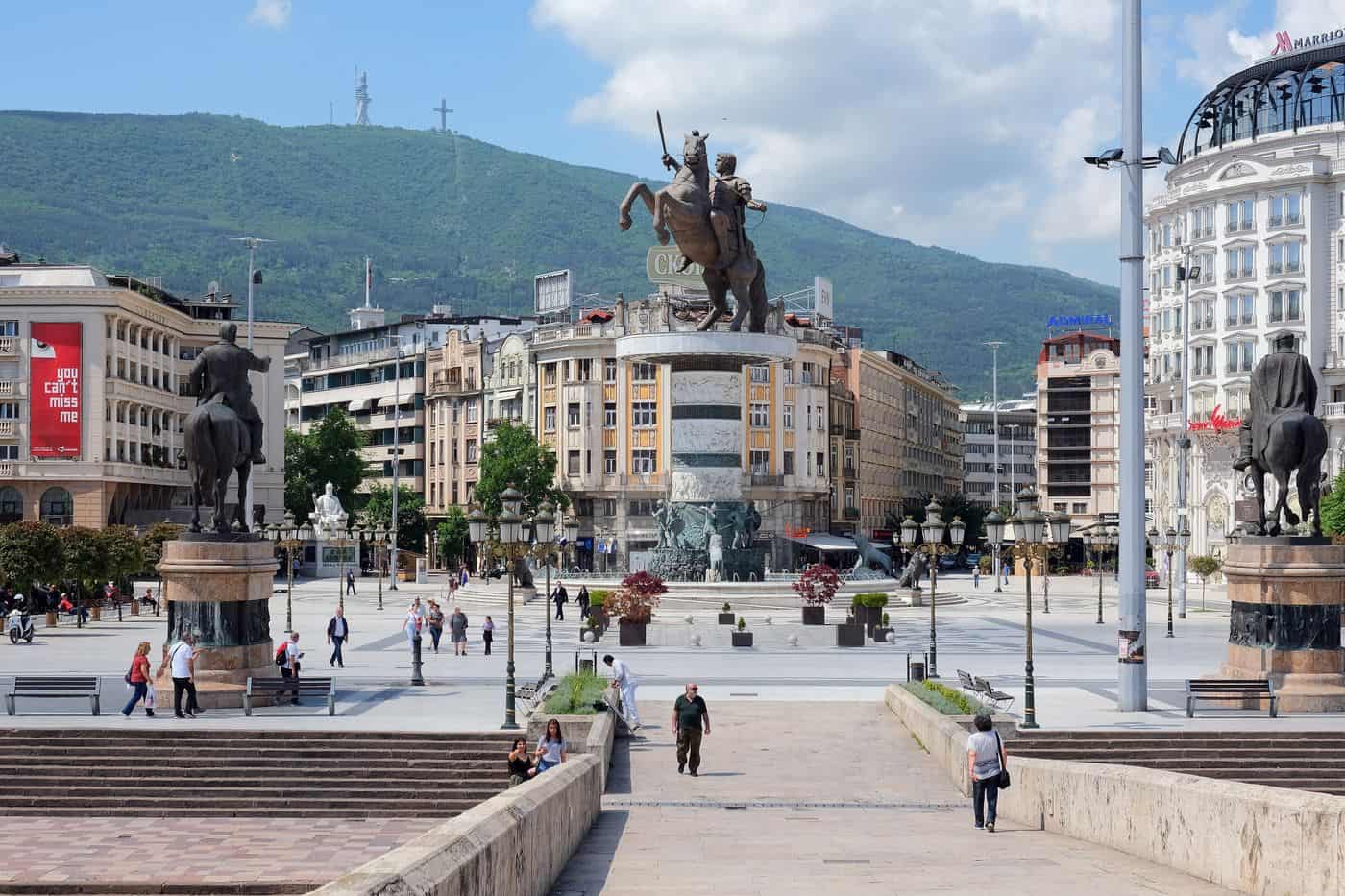 Skopje tours start on Macedonia Square, with the Warrior on a Horse statue and Mount Vodno behind