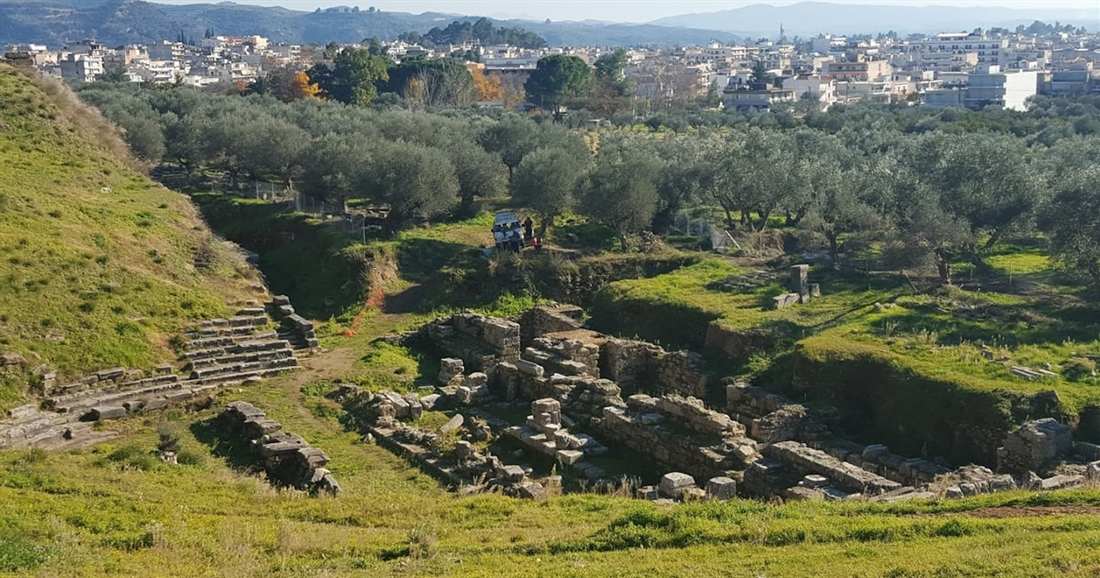 Stone tiers of the ancient theatre of Sparta on a green hillside among olive trees, with the modern town behind.