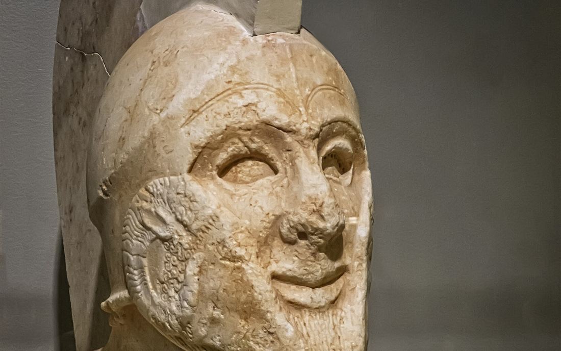 The marble head of the helmeted hoplite known as Leonidas in the Archaeological Museum of Sparta, the statue seen on a Sparta day trip.