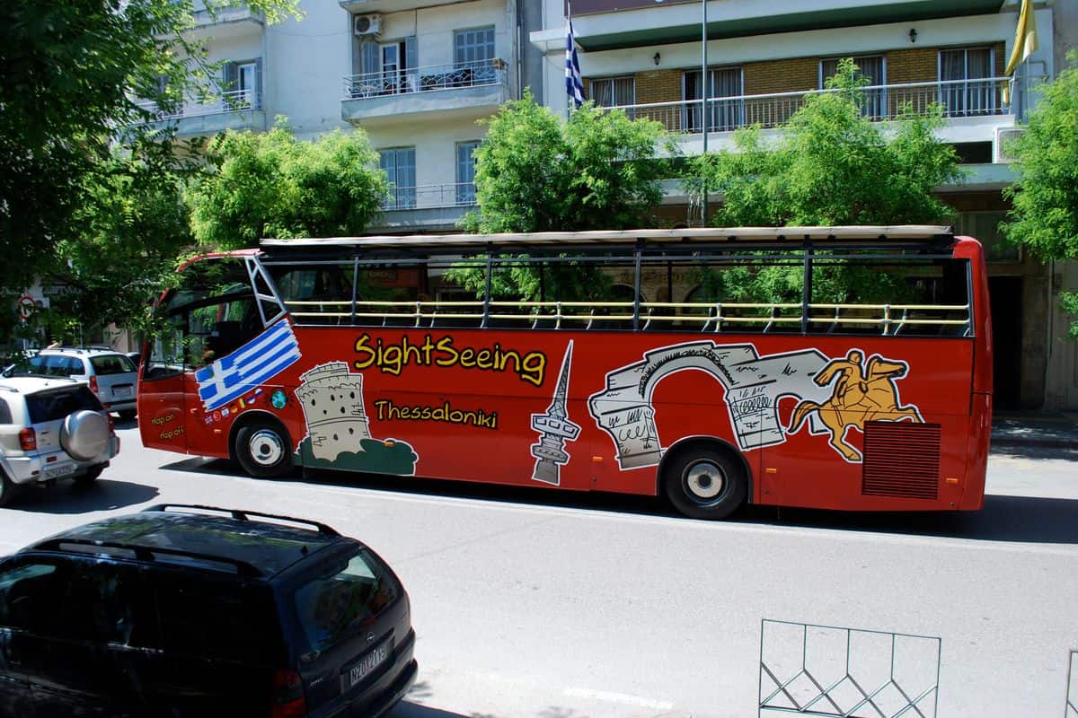 The red open-top sightseeing bus in Thessaloniki, the Thessaloniki hop on hop off