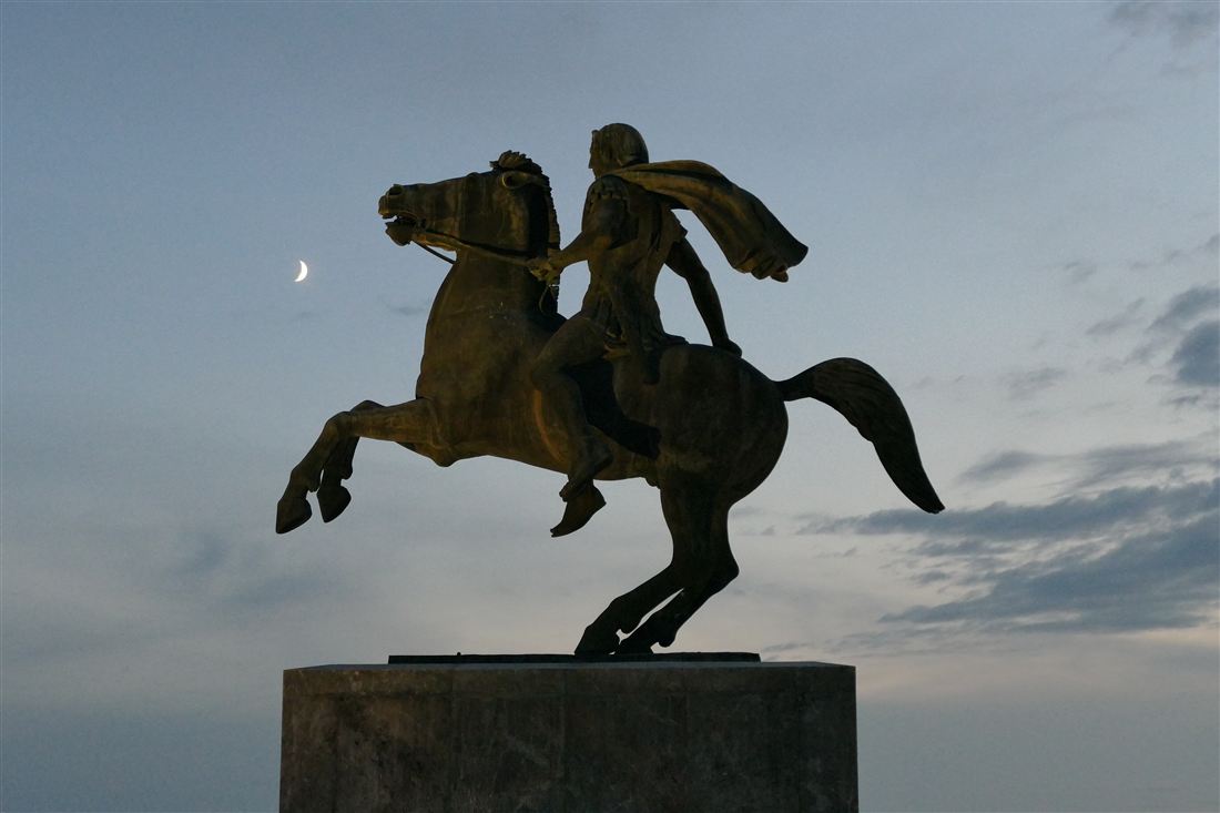 The bronze equestrian statue of Alexander the Great on Bucephalus on the Thessaloniki waterfront, a stop on a Thessaloniki mythology tour.