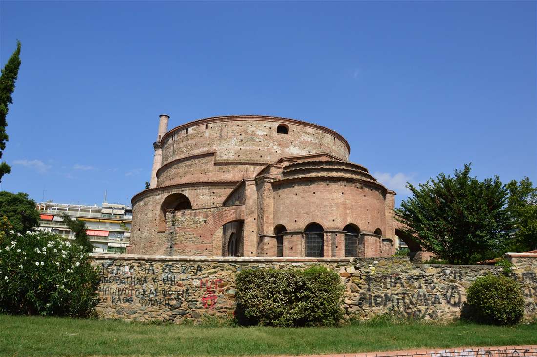 The round brick Rotunda of Galerius in Thessaloniki under a clear blue sky